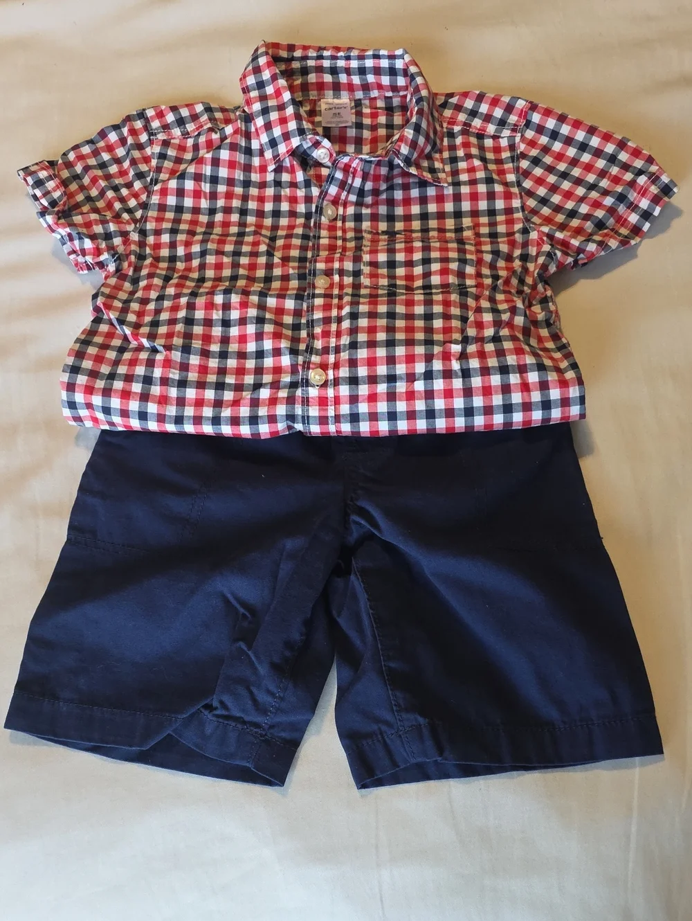 Carters Red, White & Navy Check Button-Up Shirt With Navy Shorts, 5T